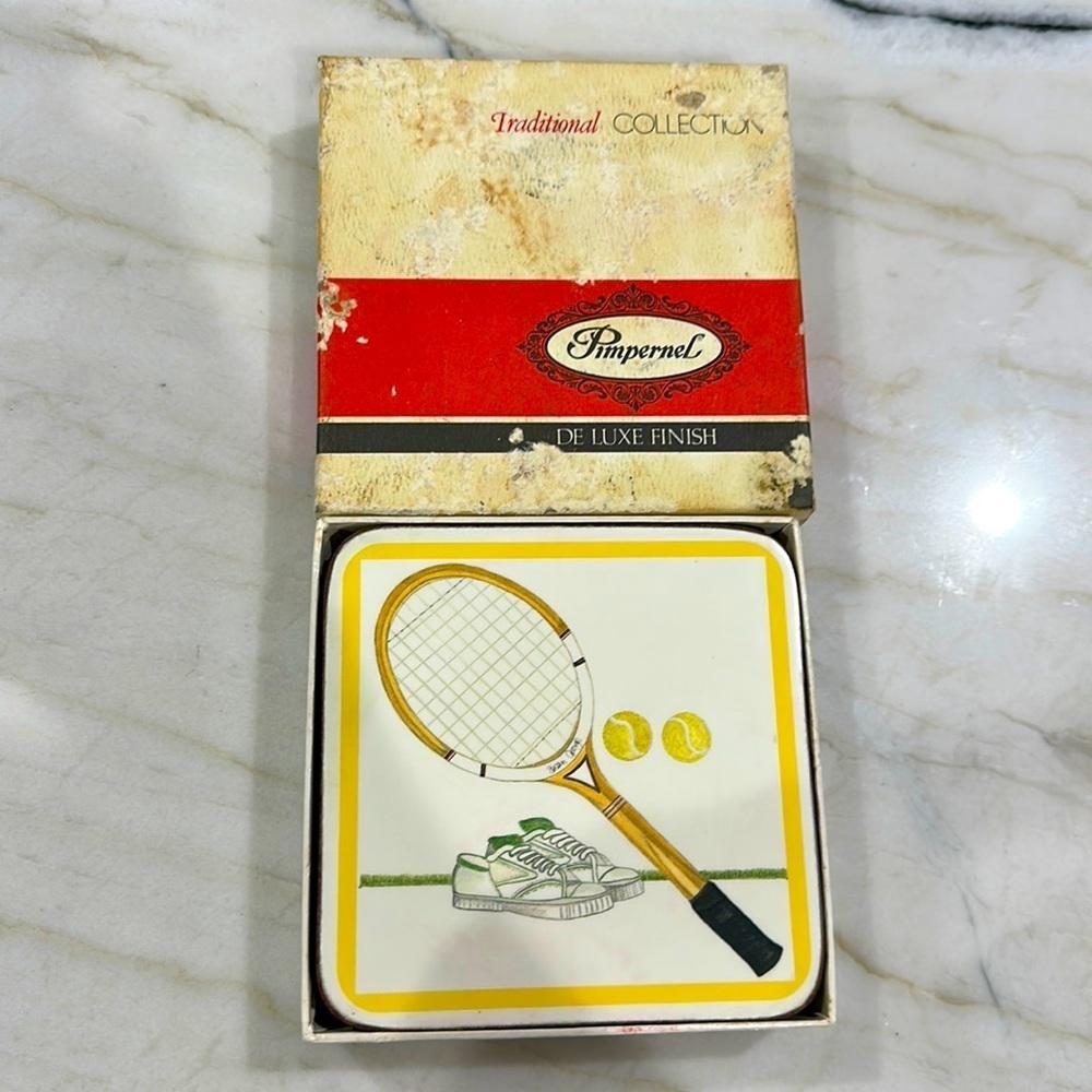 Vintage Pimpernel Set of 6 Set Point Coasters with Cork & Original Box - Tennis